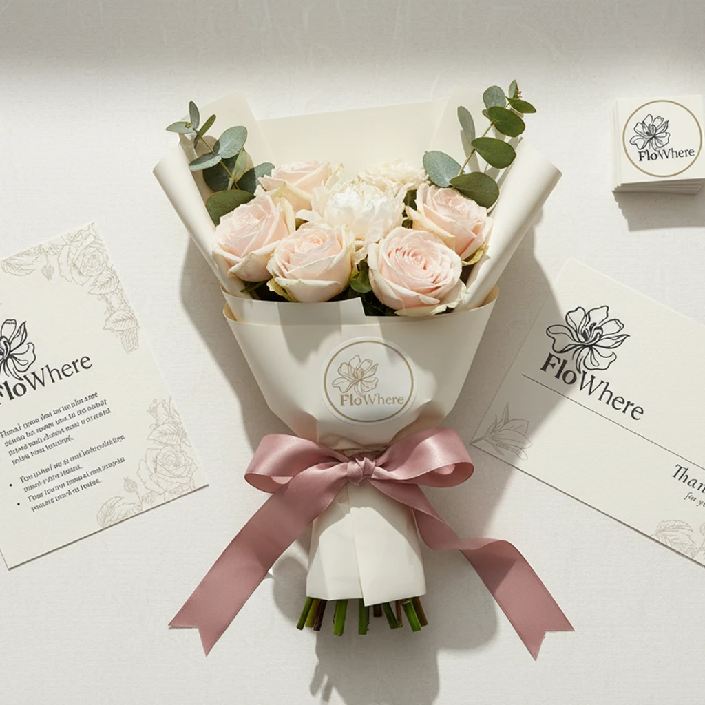 FloWhere — The complete print collateral set displayed alongside bouquet packaging — by Sofia Andreeva